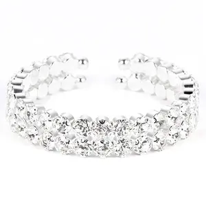 2 Rows Fashion Silver Elegant Crystal Rhinestone Bracelet Bangles Cuff Opening Bangles For Women Girl Party Wedding Jewelry