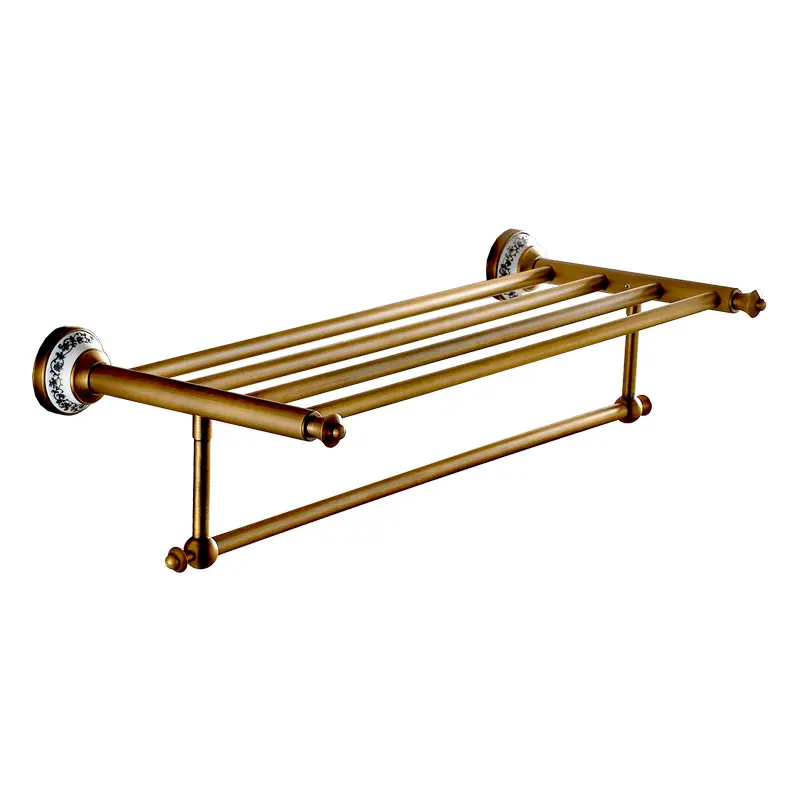 Antique Brass Towel Shelf Single Tier Wall Mounted Towel Rail with Hook