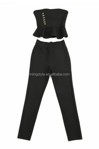 2017 oem de dos piezas mujeres top y pantalón ajustado hombro negro sexy traje bandage - Product Image 2