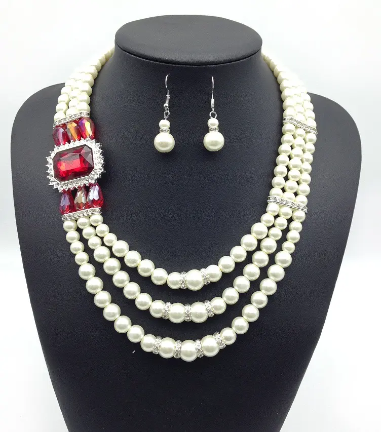 Fashion Multilayer Pearl Crystal Necklace Earrings Red Glass Stone Jewelry Set