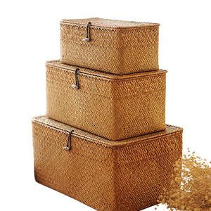 Lids के साथ आयताकार हस्तनिर्मित Seagrass टोकरी Multifunctional भंडारण समाधान - Product Image 1