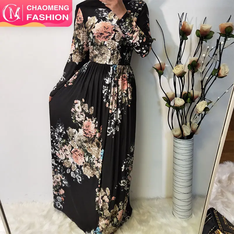 5089# Casual daily long sleeve dress jersey black maxi wrap waist dresses