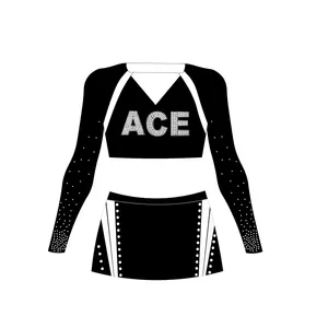 Newest design long sleeve cheerleading uniforms,black and white cheer skirts,cheer top with rhinestones