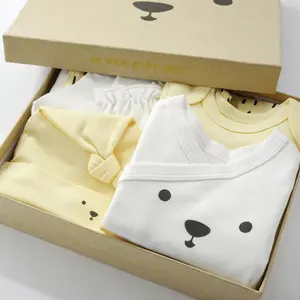 Baru Lahir Bayi Gift Set 100 Katun Beruang Cetakan 10 Pcs Set Pakaian untuk Setiap Musim Rajutan Berkualitas Tinggi Bayi Memakai Warna Kuning