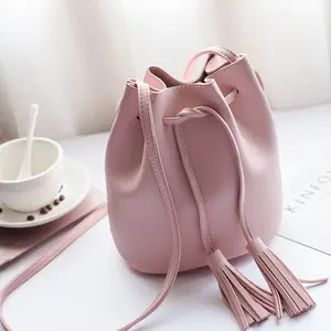 Drawstring lady fashion tassel mini messenger bag small PU leather pink bucket shoulder bag