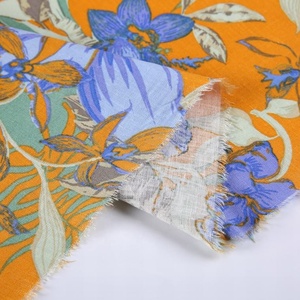 Tissu imprimé à grandes fleurs en lin 55% et coton 45% tissé violet jaune mexicain avec élasthanne pour <span class=keywords><strong>robe</strong></span> - Product Image 4