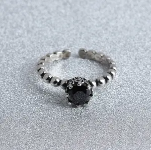 925 Sterling Lotus black crystal thai silver ring for women