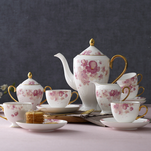 English Luxury 15pcs Ceramic Coffee Tea Set Flower Decal Design <strong>Turkish</strong> Cup Saucer Sets Fine Bone Tea Set with <strong>Teapot</strong> - Product Image 6