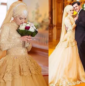 Dubai Thiết Kế Mới Muslim HiJia Dài Tay Áo Cao Cổ Bridal Vàng Wedding Dress