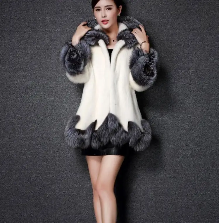 Chaqueta con capucha para mujer, abrigo de piel de visón de imitación, color blanco y negro