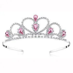 Đá Quý Màu Hồng Rhinestone Trái Tim Tiara Little Kid Lớn Kid Girl Prom Sinh Nhật Công Chúa Đảng Beauty Crown