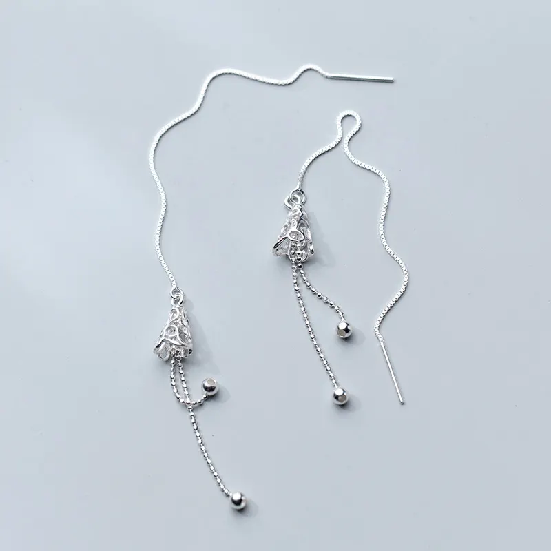 Твердые 925 стерлингового серебра модное полое колокольчик с длинным дизайн, свисающие серьги для женщин, серьги элегантные серебряные ювелирные изделия