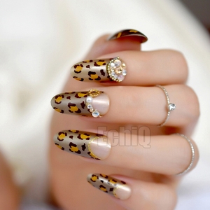 3D larga ronda Leopardo de Oro francés falso <span class=keywords><strong>uñas</strong></span> marrón de oro de diamantes de imitación de brillo de <span class=keywords><strong>uñas</strong></span> falsas consejos sobre arte manicura bricolaje ropa de verano de las <span class=keywords><strong>uñas</strong></span> - Product Image 3