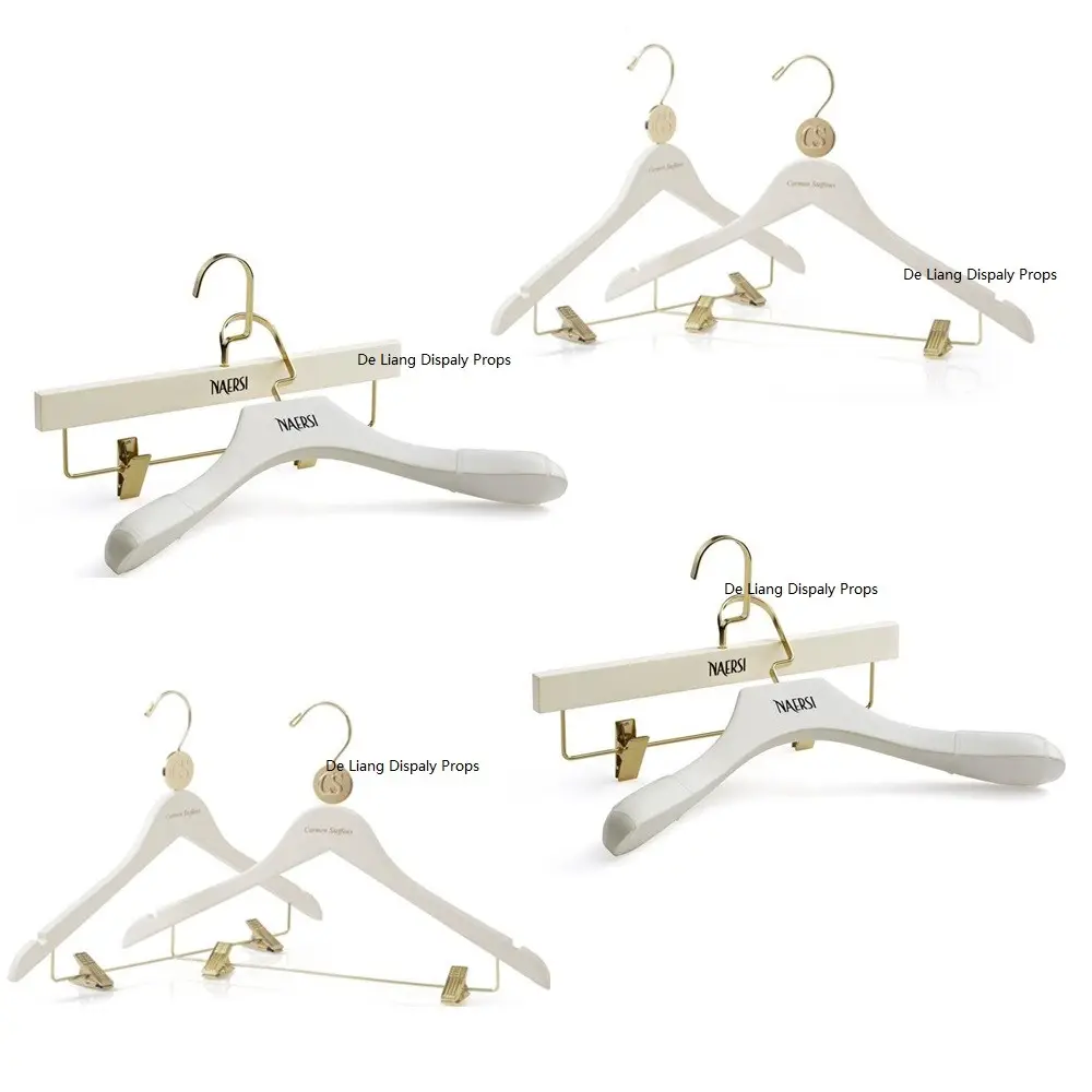 DL520 CS Luxury white color wooden hanger for wedding dress with gold color hook and clips pants hanger