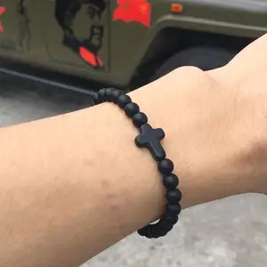 Men Womom Black Matte Agate Cross Gemstone Prayer Energy Protection Yoga Mala Bead Bracelet Jewelry