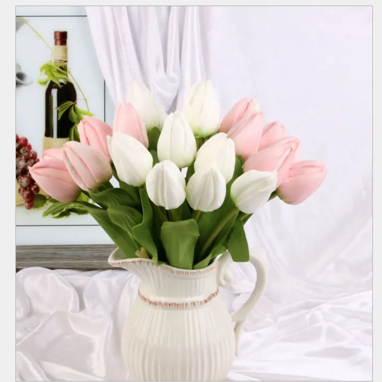 באיכות גבוהה לבן צבעונים פרחים מלאכותיים PU מלאכותי זר משי פרח טוליפ לבית חתונה דקורטיבי פרחים