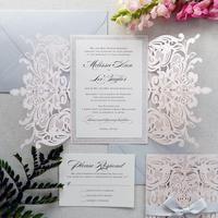 Personalizzato Silver Glitter Blush Lace Laser Inviti di Nozze con il Nastro