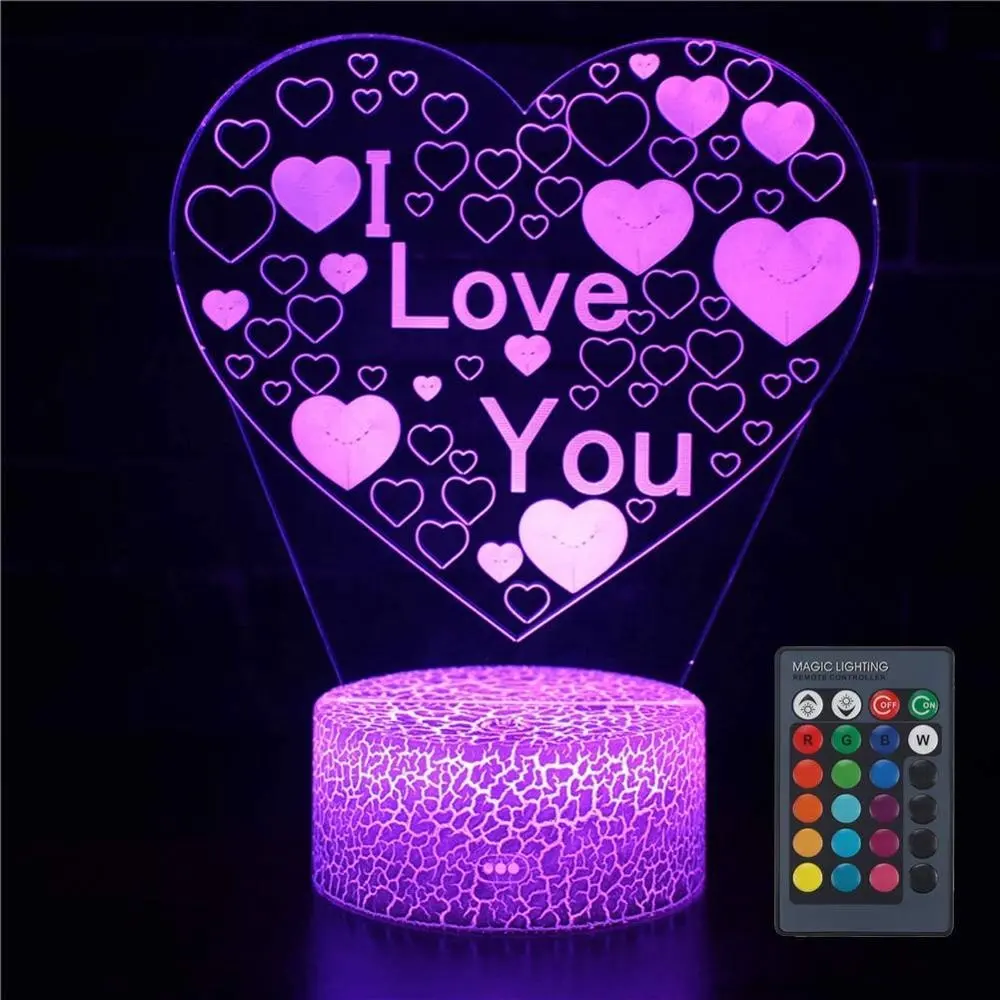 Lámpara óptica de ilusión de amor en 3D, Luz LED nocturna, regalo de Navidad con 7 colores cambiantes para amantes con Base craquelada remota