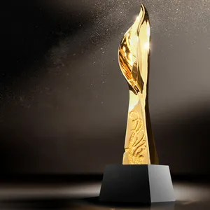 Trofeo de metal dorado con forma de hoja, trofeo de cristal negro