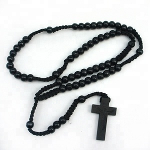 Las mujeres de los hombres católica Cristo de madera nudo cuentas de <span class=keywords><strong>Rosario</strong></span> Cruz colgante de collar de cuerda negro/marrón - Product Image 3
