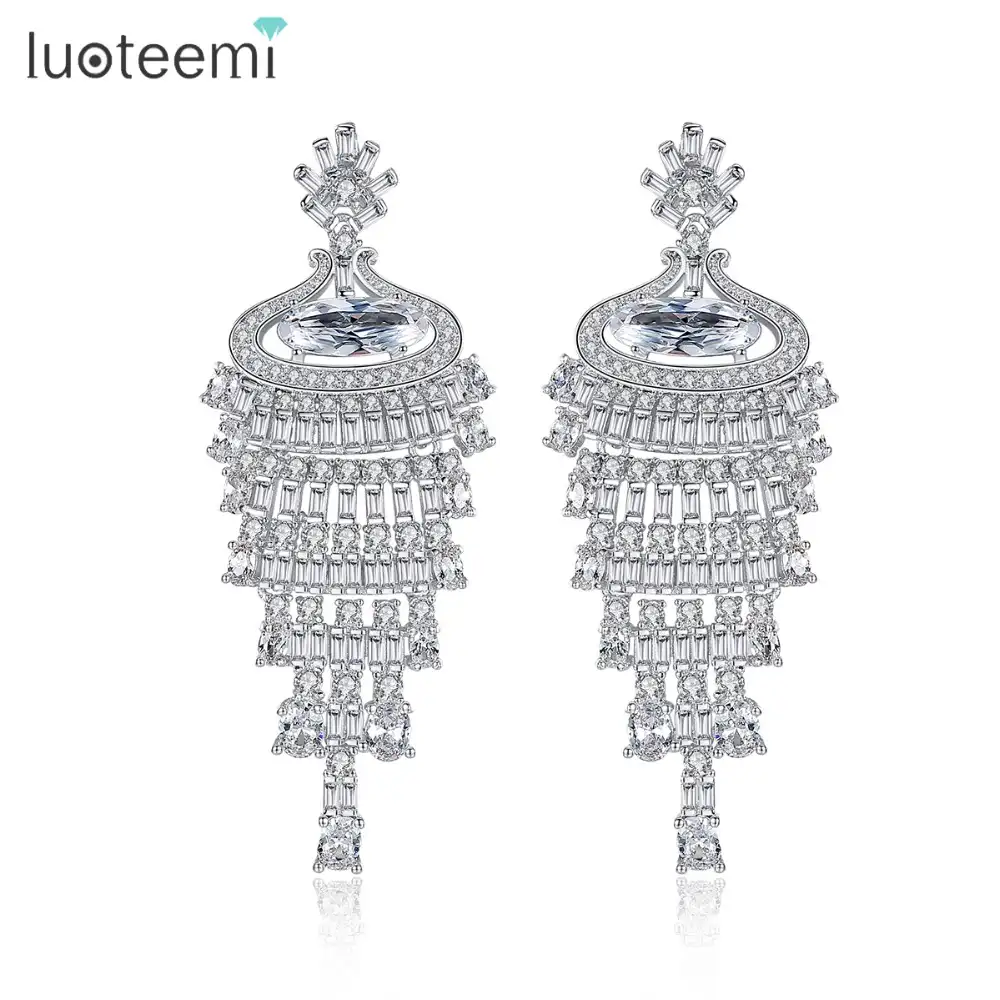 LUOTEEMI Fashion Brand Exaggerated Vintage Ethnic Cubic Zirconia Statement Dangle Earrings For Women Bridal Jewellery