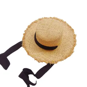 Vendita calda Logo Personalizzato A Buon Mercato Floscio Della Spiaggia di Estate Cappello A Tesa Larga di Carta Fatta A Mano Del Bambino Rafia Cappello di Paglia Cappello Per Il Sole Per I Bambini del capretto