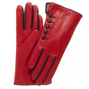 Fashion Lamb Nappa Women Gloves With Contrast Color Buttons And Floding