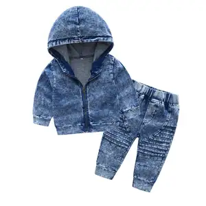 Eco Friendly Children Boys Clothes Fall Solid Washed Demin Kids Clothing 2 Pieces Sets