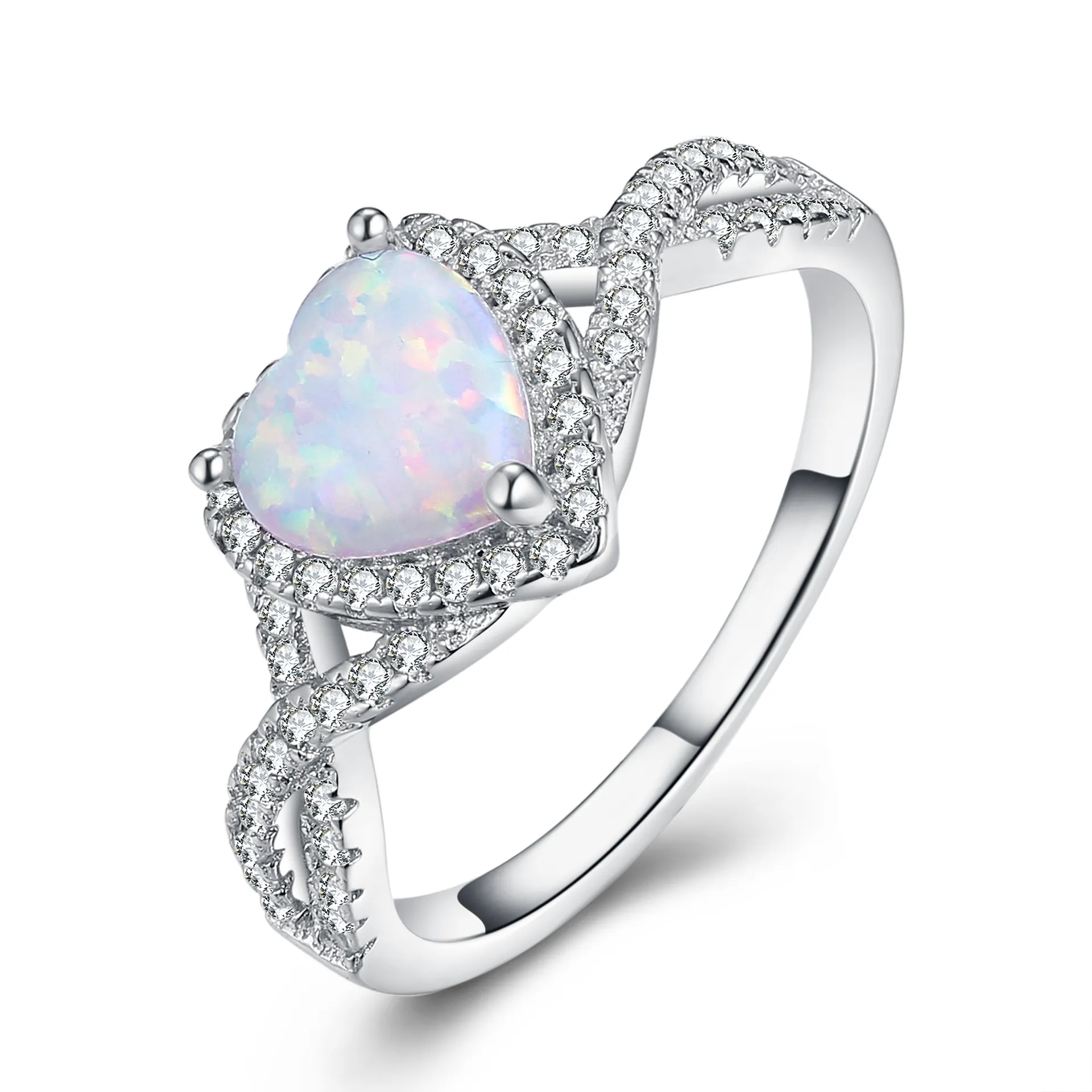 Sieradenfabrikant 925 Sterling Zilveren Klassieke Belofte Verloving Opaal Hartvormige Ring