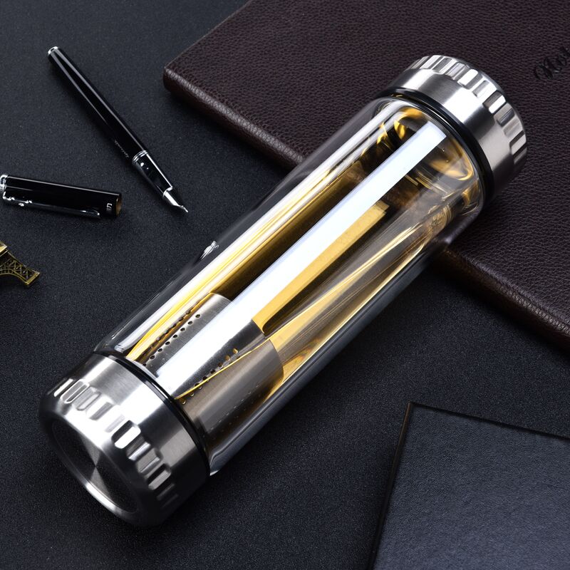 Double wall  glass water bottle with SS lid tea infuser water bottle