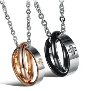 Marlary High Quality Couple Chain Necklace, Magnetic Diamond Necklace Pendants With Cross Double Ring