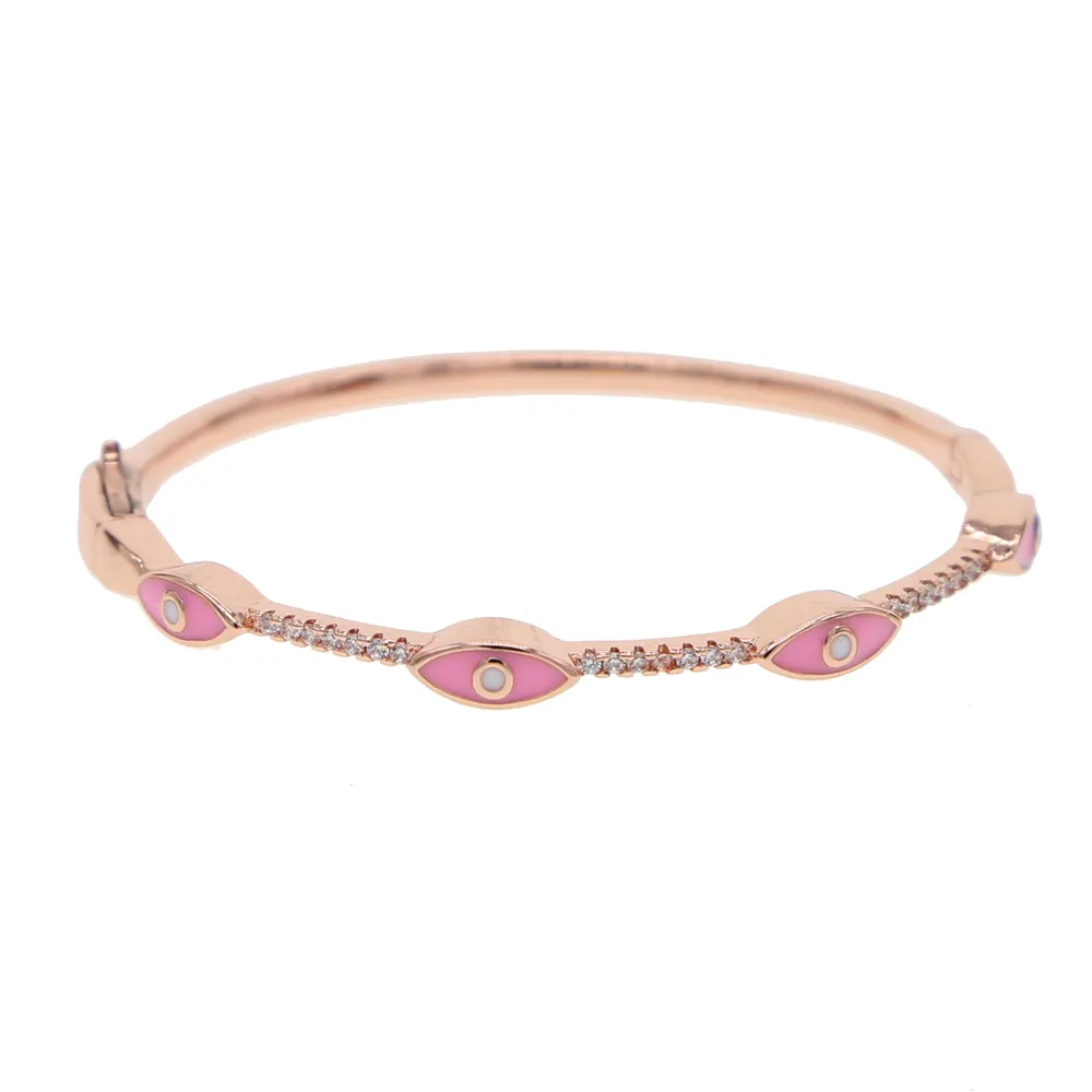 rose gold plated blue pink enamel lucky evileye charm open cuff bangle for women
