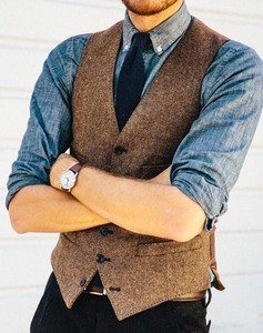 Chaleco de traje de <span class=keywords><strong>Tweed</strong></span> de espiga marrón, chalecos delgados para hombre de talla grande, chalecos casados para hombre de boda de granja para traje