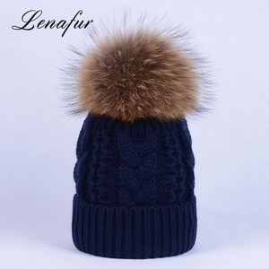 Personalized twist THREAD knitted natural raccoon fur POM hat - Product Image 3