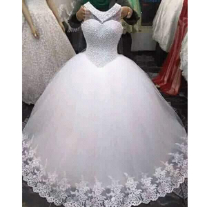 Realmente 100% real pérolas cheias frisadas plus size, longo chão branco marfim vestidos de casamento baratos mwa348