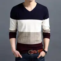 Осенний модный длинный мужской свитер в полоску с V-образным вырезом