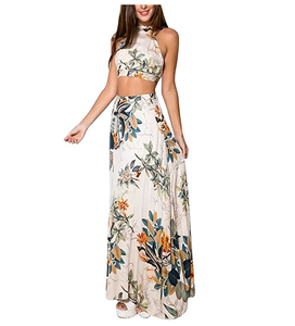 Nuevas llegadas personalizadas de lino de algodón estampado Floral Maxi falda de playa para mujeres Correa Floral largo Maxi Boho Crop Top falda conjunto - Product Image 2