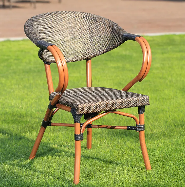 Bambu görünüm Rattan hasır bahçe mobilyaları açık Metal sandalye