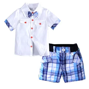 2pcs del manicotto del bicchierino shirt + plaid bicchierini di estate dei bambini vestiti del bambino del bambino del ragazzo copre gli insiemi del bambino del bambino dei ragazzi dei vestiti