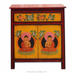 Armario lateral tibetano de salón pintado a mano antiguo de estilo chino - Product Image 1