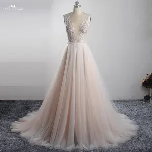 Vestido de noiva de tule macio com decote em V LZ321-Deep, dois cintos de contas, vestido de noiva, blush colorido, vestido boho selvagem, 2021