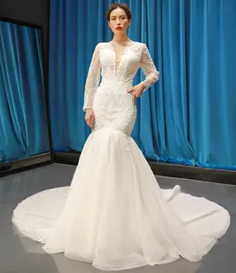 Jancember RSM66602 sonbahar kış beyaz tül mermaid gelin kıyafeti saten kollu kristal kumaş düğün elbisesi