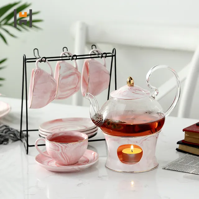 15 adet kek bileşimi seramik cam mermer çay seti demlik ile fincan ve çay tabağı