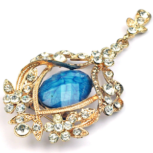 WBR-1456 de broche vintage en résine bleue avec centre en or et strass pour femmes - Product Image 6