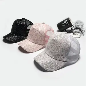 Personalizzato paillette coda di cavallo maglia rosa cappelli da camionista brillare oro sport bling ragazze paillettes gorras cappelli, donne scintillante berretto da baseball