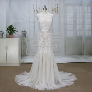 ホルターマーメイドのウェディングドレス中国と2層の柔らかいフレンチレース