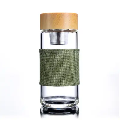 400ML בצבע עץ מכסה תה drinkware זכוכית בקבוק עם בורוסיליקט זכוכית עם תה infuser tes עם פשתן כיסוי