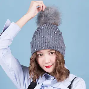 Winter vrouwen dames bont pom pom kralen parel gebreide beanie hoed