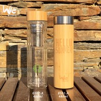 Bouteille d'eau en verre avec couvercle en bambou, résistante à la chaleur, 425ml, 15oz, pour détox et café, Double couche