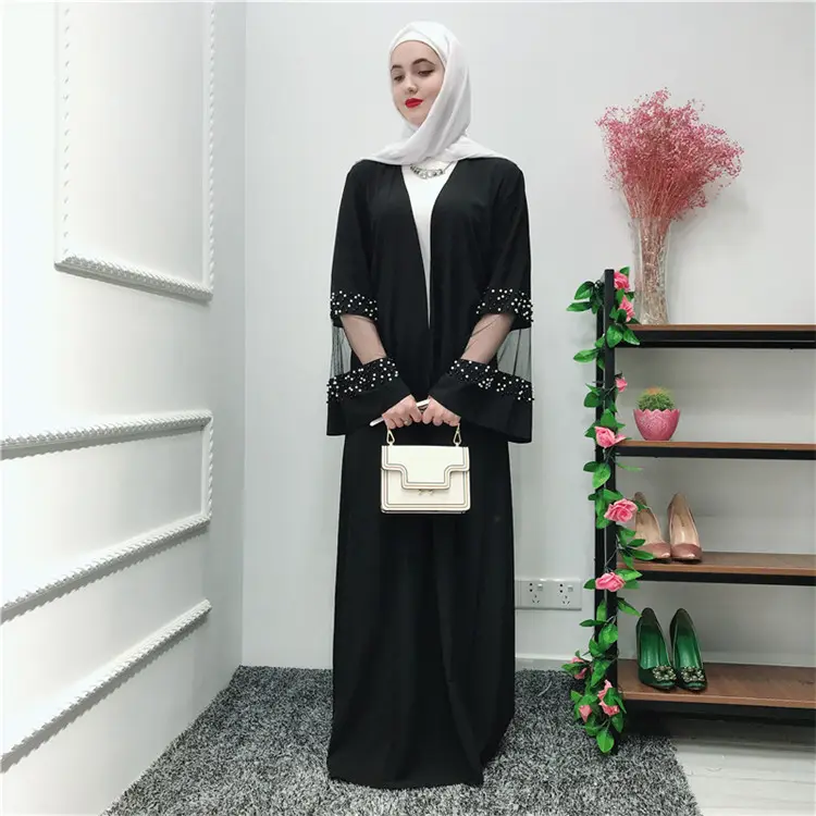 2019 현대 패션 진주 소매 블랙 프론트 오픈 abaya